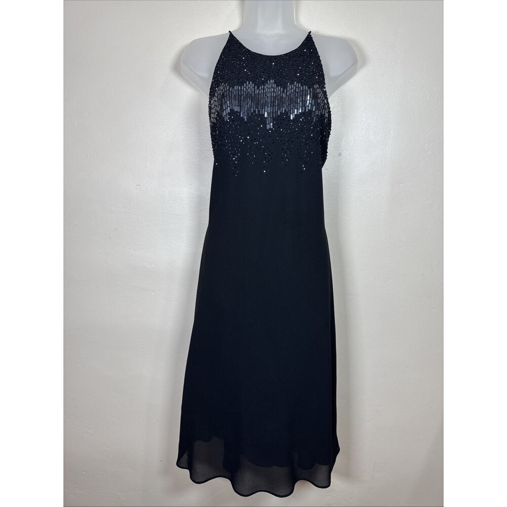 VTG Womens Formal Dress LBD Beaded High Neck Midi 90s Wedding Guest Halter